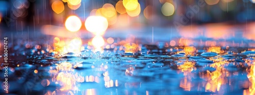 Blurred city lights and raindrops in the streets at night, creating an atmosphere of mystery and tranquility. The focus is on reflections in puddles on the wet pavement.