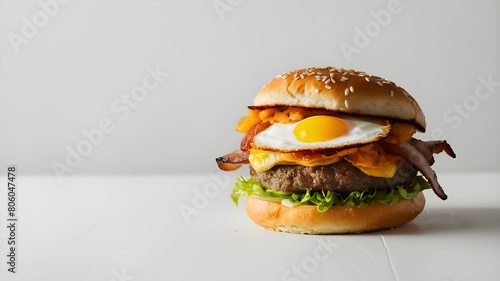 Dive into a breakfast treat - a burger with a fried egg and crispy hash browns, displayed on a white backdrop.
