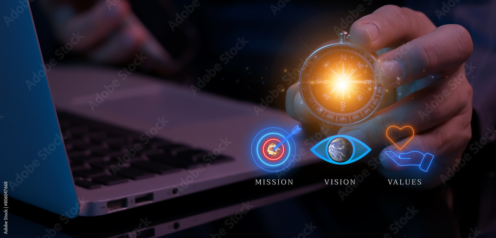 custom made wallpaper toronto digitalPurpose business concept. Corporate communications to specify policy and business direction. Businessman holding compass to show glowing neon line of mission, vision, values icons.