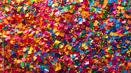 Colorful confetti and ribbons on bokeh background.