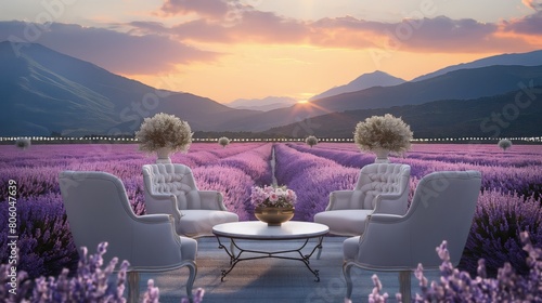 A chic bridal lounge area set in a lavender field, with elegant furniture and a backdrop of mountains during sunset.