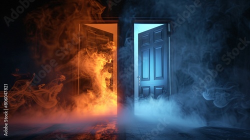 Choosing path concept, two door in a dark room with smoke coming out.