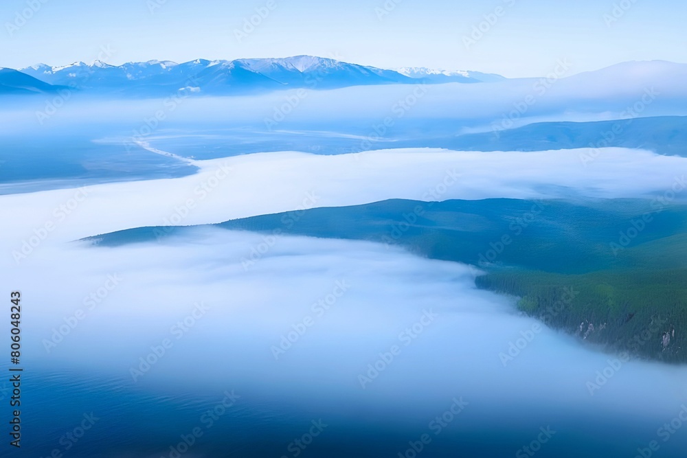 fog over green forest on mountain, dense forests  green covered with thick gray fog. Beauty rainforest landscape with fog in morning.
