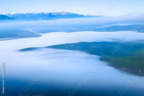 fog over green forest on mountain, dense forests green covered with thick gray fog. Beauty rainforest landscape with fog in morning. 