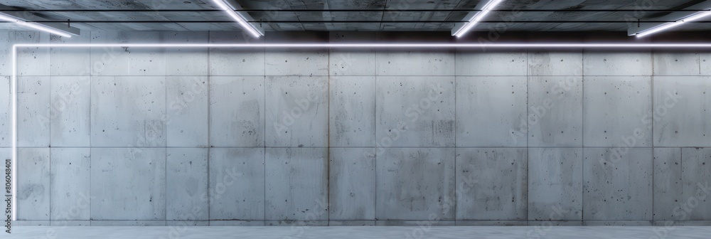 concrete wall, opaque resin panels, neon ceiling lights
