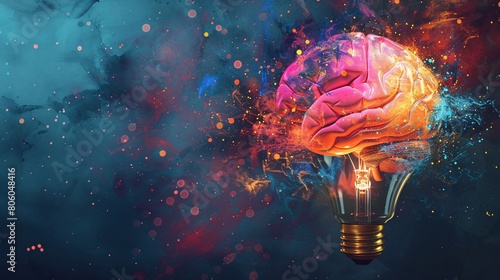 human brain and light bulb on abstract colorful background. Idea and Brainstorming concept. #806048416