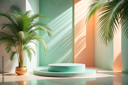 Minimal empty mint green and pastel orange cream colored 3d room background. Modern studio showcase  product display  stage with natural tropical palm tree shadows. Luxury stage concept for cosmetic  