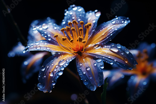A lily flower with water drops on its petals  a macro shot  against a black background  with a blue and yellow color palette.