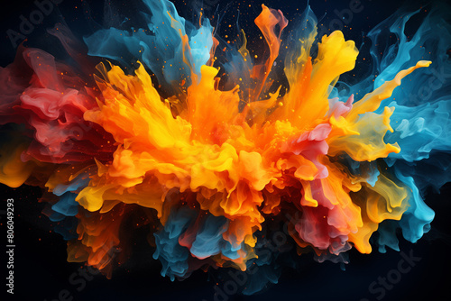 A vibrant explosion of colors, orange and blue paint splashes in an abstract form, creating dynamic visual effects on a dark background.