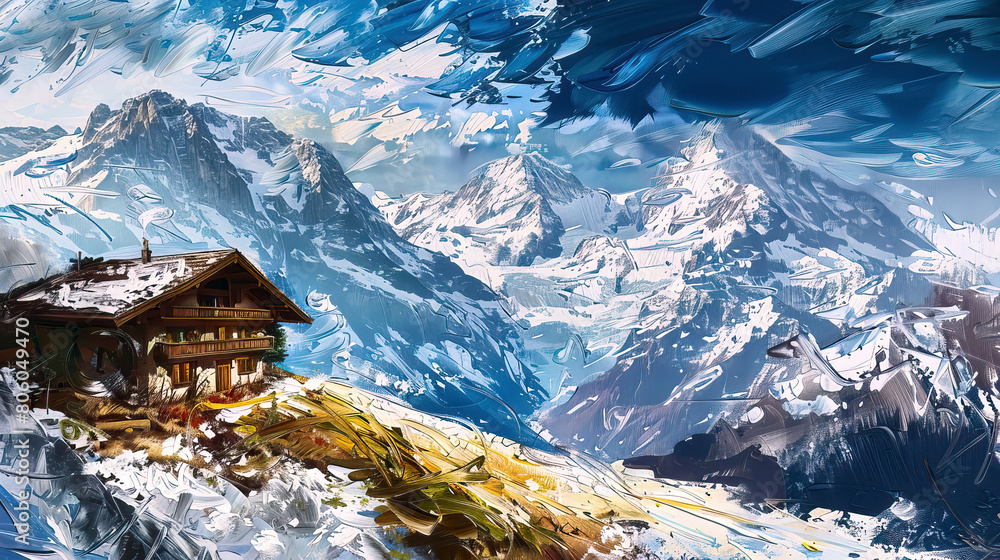 Alpine refuge amidst snowy peaks