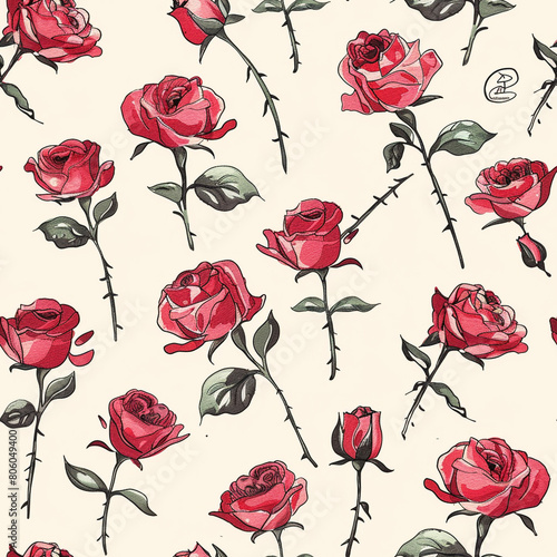 Kawaii Style Roses Watercolor Illustration Pattern  Seamless Pattern