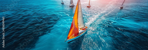  aerial view of A sailboat with colorful sails sailing on the blue sea, surrounded by other boats. sailing ship yachts on blue ocean , copy space