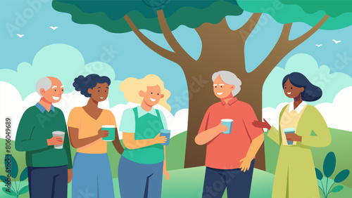 A senior walking club taking a respite under the shade of a large oak tree sipping on cold water and sharing jokes.. Vector illustration