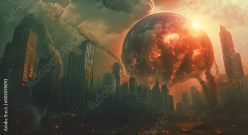 a planet under siege, with natural disasters intensified by global warming wreaking havoc on urban centers, photo