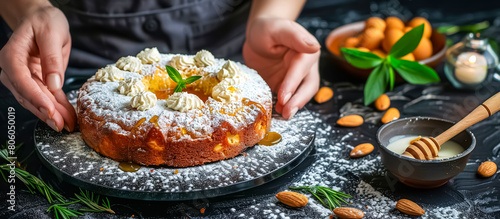 cook serving a Bienenstich or Bee Sting Cake,  German dessert made with a yeast dough base topped with a honey almond caramel layer and filled with a vanilla custard or pastry cream photo