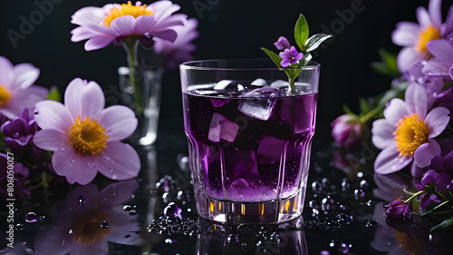 A tight shot of a drink in a glass, filled with ice and surrounded by purple flowers against a black table Water droplets adorn the rim
