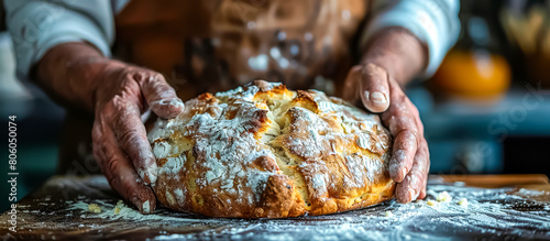 hands of cook serving a Soda Bread. Soda bread is a quick bread made from flour, baking soda, salt, and buttermilk, requiring no yeast for leavening photo