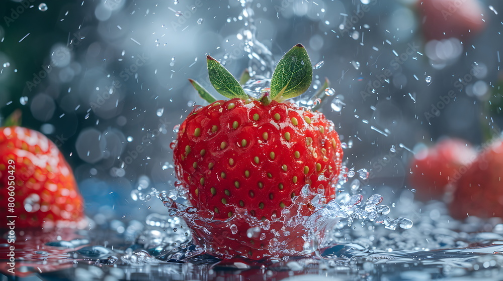 water splashing onto strawberry, in the style of cleared background, Fresh, clean fruit juice with strawberry flavor, strawberry flavored fruit drinks, fresh fruit products from organic gardens. water splashing onto strawberry, in the style of cleared background, Fresh, clean fruit juice with strawberry flavor, strawberry flavored fruit drinks, fresh fruit products from organic gardens.
