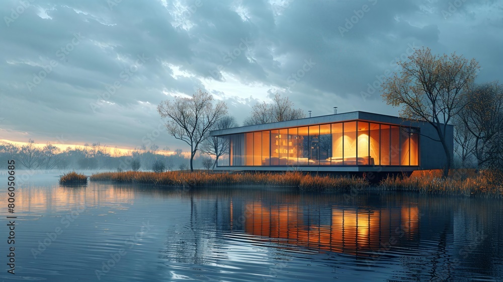 Modern Lakeside Home at Sunset Modern Lakeside Home at Sunset