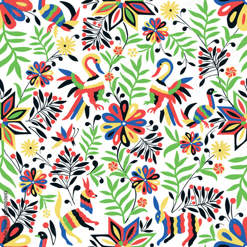 Seamless pattern with animal and floral ornament in the style of Mexican otomi embroidery