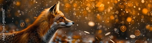 A cunning fox gazes at a shower of falling golden coins.