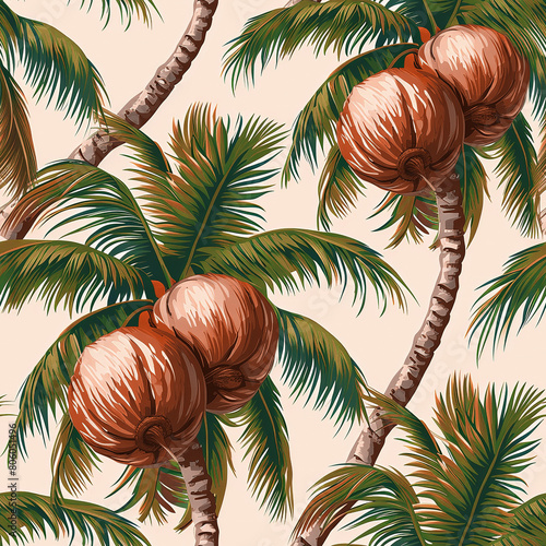 Beautiful vintage floral seamless pattern background. Landscape with palm trees