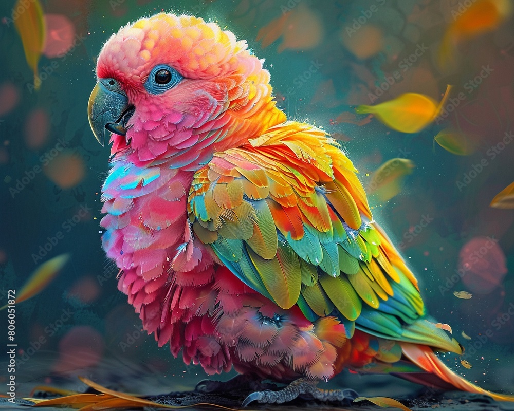 Fototapeta premium Digital artwork of a chubby parrot, its feathers rendered in a palette of bright, engaging colors to highlight its playful nature