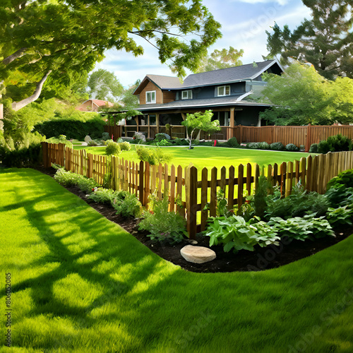 wooden fenc ein the backyard and lawn,wooden fenc is covered in green vines,generate ai
 photo