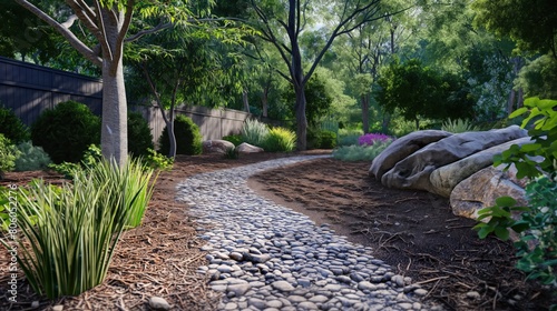 A detailed landscaping project featuring a stone walkway leading through a freshly mulched garden with native plants. photo