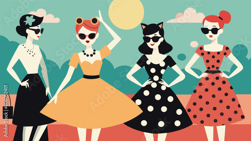 A nod to the 50s with fullskirted dresses and polka dot patterns paired with classic cateye sunglasses.. Vector illustration