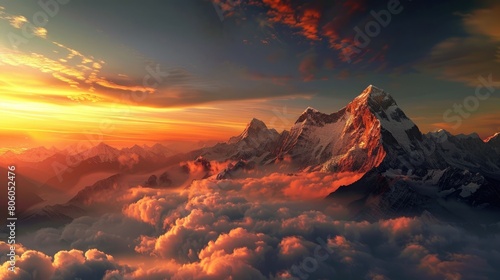 Majestic Sunset View: Snow-Capped Peaks Rising Above Rolling Fog