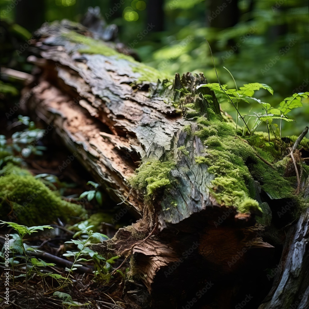 A closeup of a decaying log in a temperate forest, illustrating the role of decomposition in nutrient cycling A closeup of a decaying log in a temperate forest, illustrating the role of decomposition in nutrient cycling