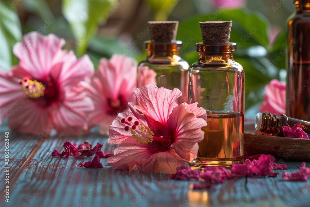 A bottle of essential oil and flowers on a wooden table. A bottle of essential oil and flowers on a wooden table.