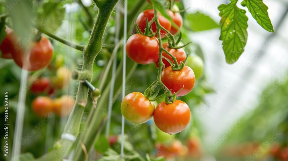 Hydroponic Tomato Cultivation in Greenhouse. Closeup View of Cherry Tomatoes Growing on Branches