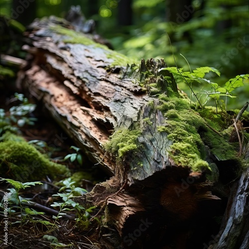 A closeup of a decaying log in a temperate forest, illustrating the role of decomposition in nutrient cycling