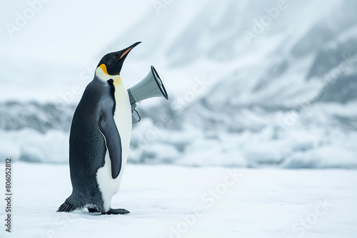 Editorial photography of a penguin holding a megaphone in a polar landscape