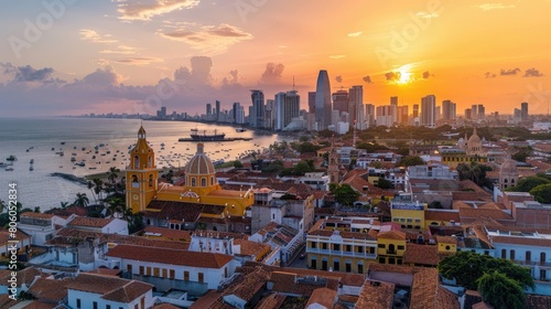 Mesmerizing Skyline at Sunset - A Panoramic View of the City by the Sea