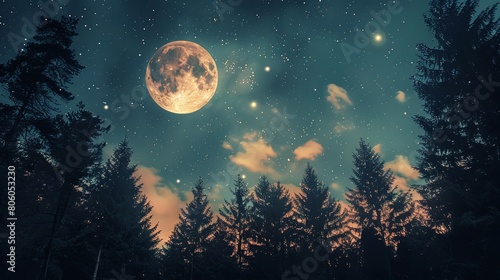 A night sky with a bright full moon and twinkling stars above silhouetted trees.