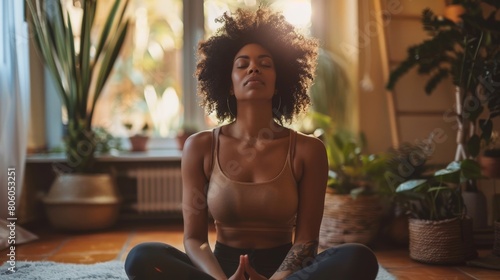 A woman practicing mindfulness and deep breathing exercises in a quiet corner of her home. photo