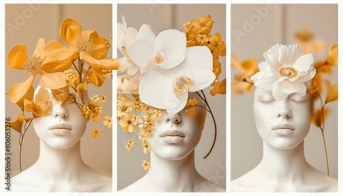 Triptych of Floral Headpieces in Orange and White, Artistic Botanical Portraits, Modern Floral Design, Elegant Decorative Art, Feminine Aesthetic