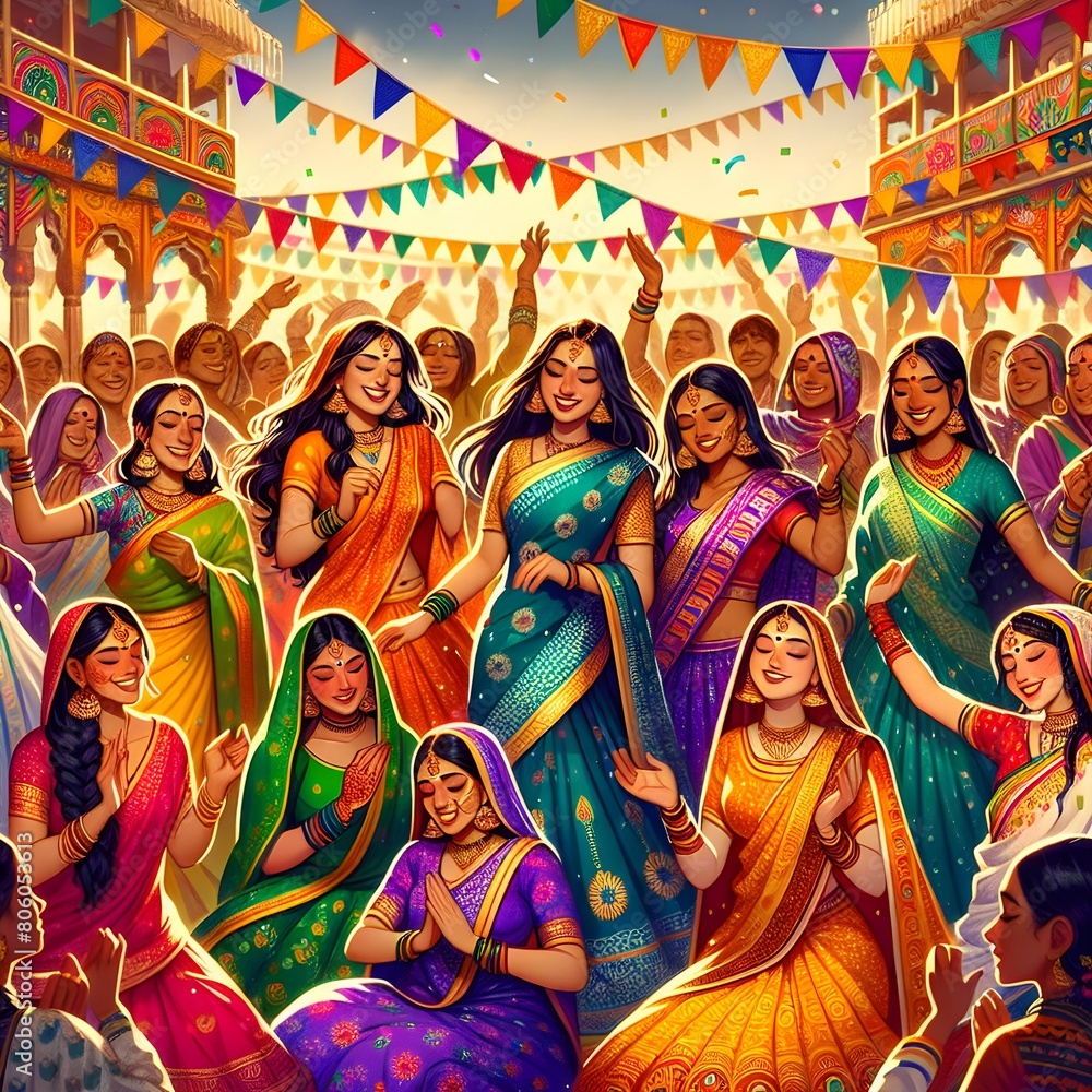 Indian people celebrating Holi festival of colors in India. Colorful vector illustration.