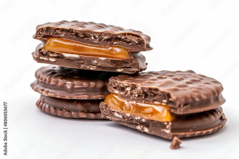 Indulge in Sweetness! Chocolate Alfajor Biscuit Cookie with Caramel Filling on a White Background - Indulge in Sweetness! Chocolate Alfajor Biscuit Cookie with Caramel Filling on a White Background -
