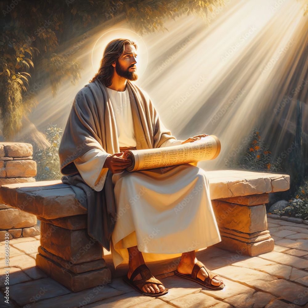 Jesus Simple Scripture Jesus Christ with a scroll of Holy Scripture in a sunbeam Stock Photo ...