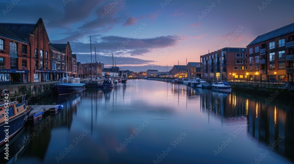 Docks at Dusk: A Stunning City Landscape with Blue Canal Basin and Architecture