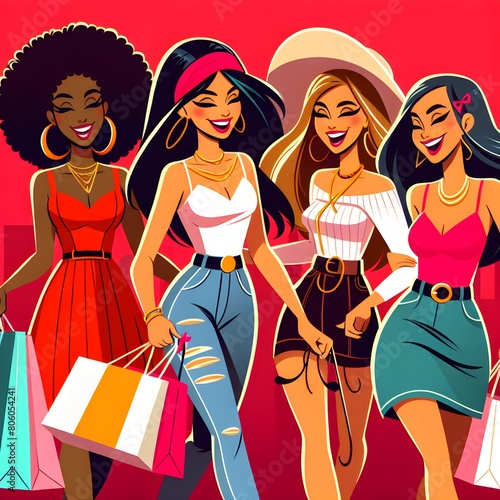 Group of beautiful young women with shopping bags. Vector illustration in cartoon style.