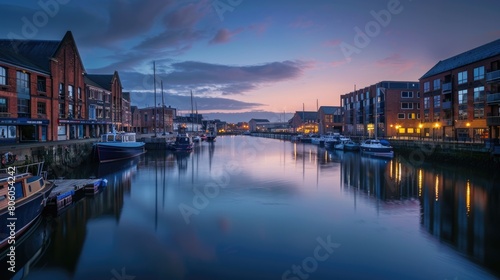 Docks at Dusk  A Stunning City Landscape with Blue Canal Basin and Architecture