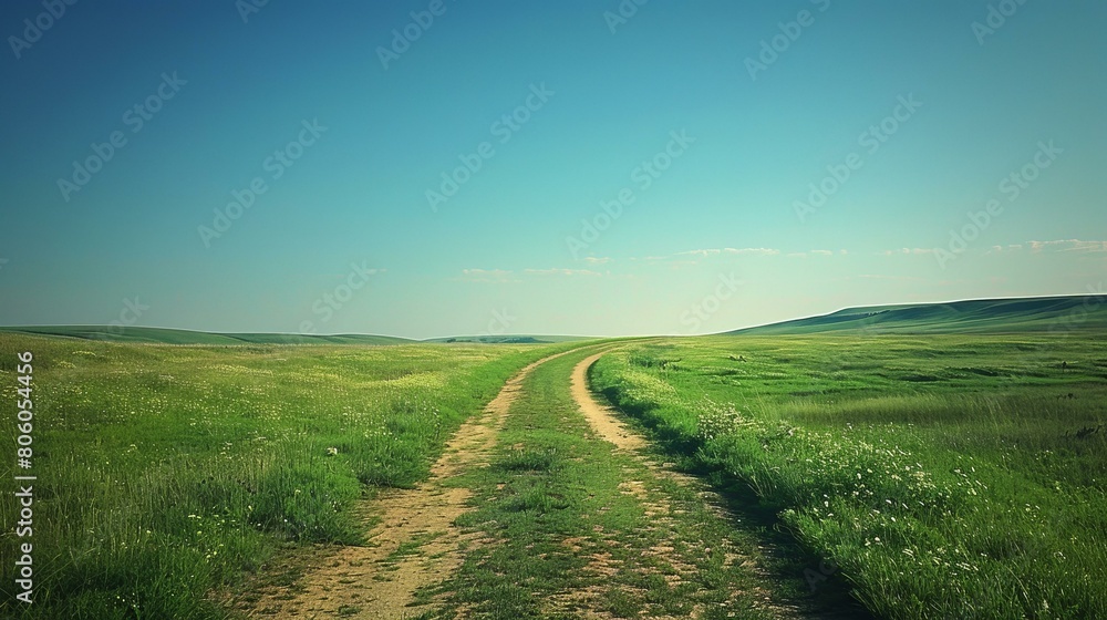 dirt road through a lush green grassy field on a clear day