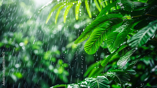 Fresh Green Leaves with Raindrops, Close-Up View Highlighting Natures Texture and Freshness After Rain