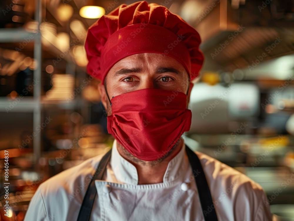 Portrait of a male chef wearing a red toque and a red face mask Portrait of a male chef wearing a red toque and a red face mask