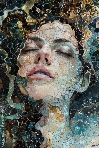 Vibrant Mosaic Portrait of Woman, Colorful Glass Tile Artwork, Expressive Female Face, Artistic Mosaic Design, Eclectic and Vivid Wall Decor photo